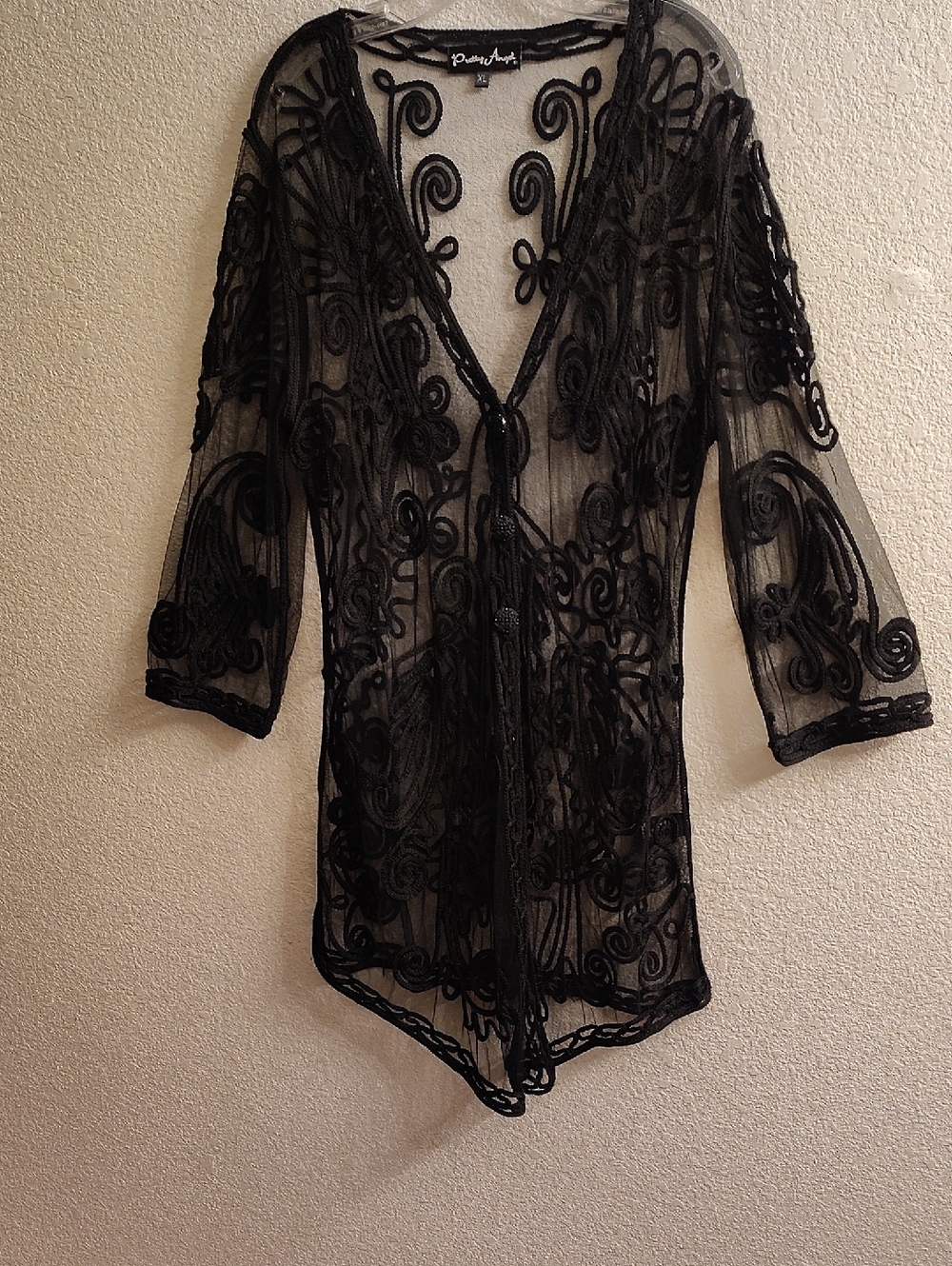 Pretty Angel Size XL Black Sheer Lace Bell  Sleeves Label Coverup A13 X